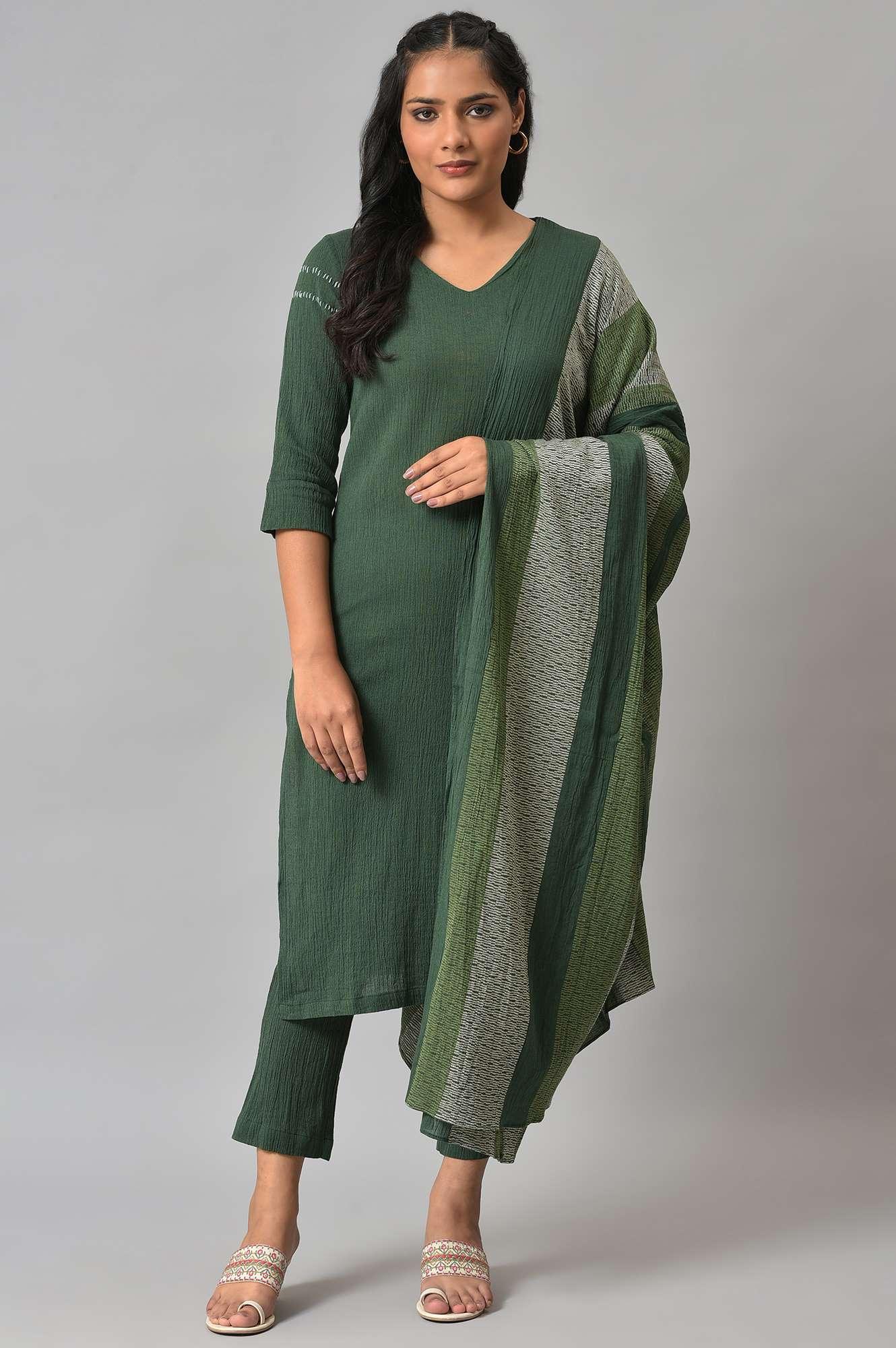 Dark Green 2-Tone Cotton kurta With Slim Pants And Dupatta - wforwoman