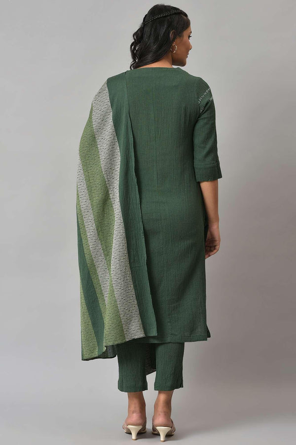 Dark Green 2-Tone Cotton kurta With Slim Pants And Dupatta