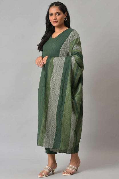 Dark Green 2-Tone Cotton kurta With Slim Pants And Dupatta - wforwoman