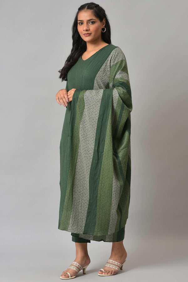 Dark Green 2-Tone Cotton kurta With Slim Pants And Dupatta