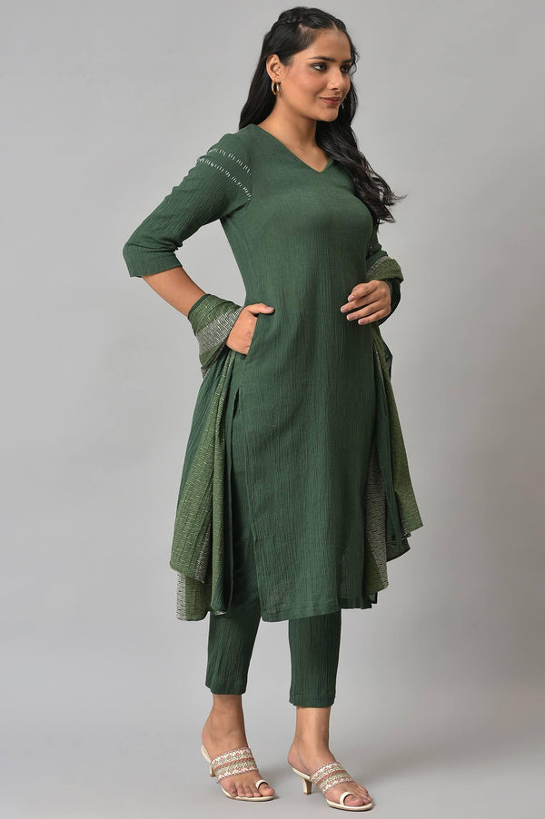 Dark Green 2-Tone Cotton kurta With Slim Pants And Dupatta