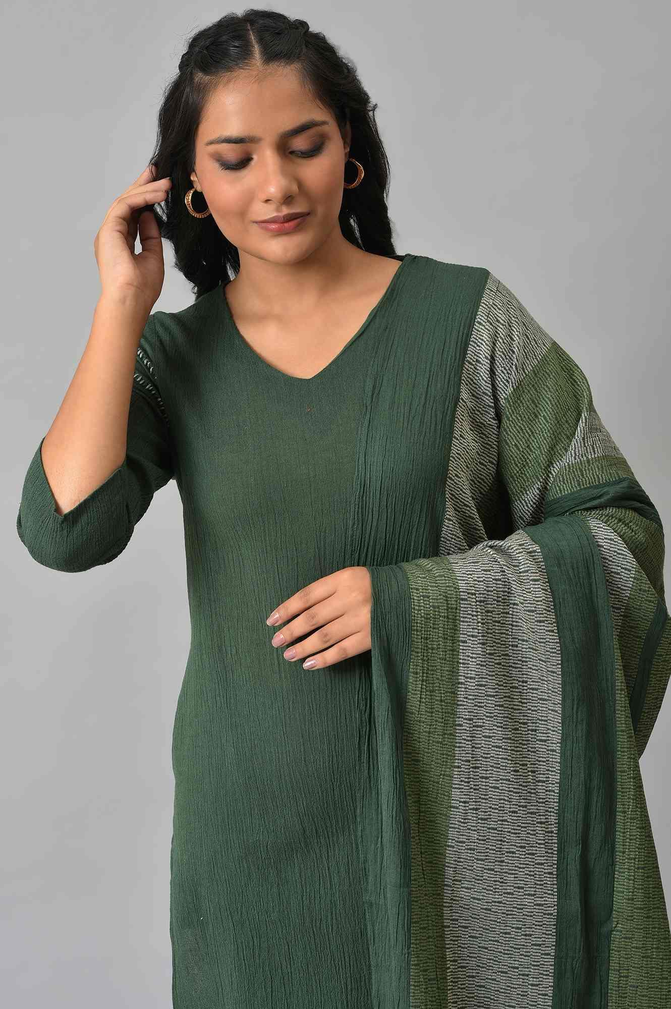 Dark Green 2-Tone Cotton kurta With Slim Pants And Dupatta - wforwoman