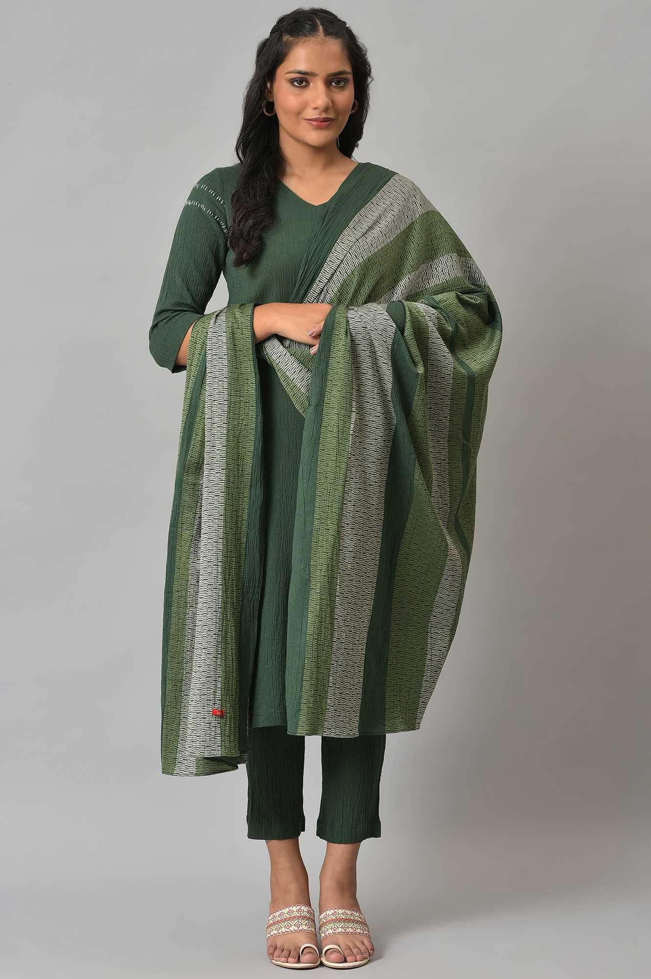 Dark Green 2-Tone Cotton kurta With Slim Pants And Dupatta - wforwoman