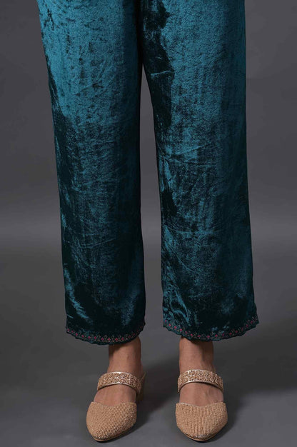 Emerald Green Embroidered Velvet kurta With Straight Pants - wforwoman
