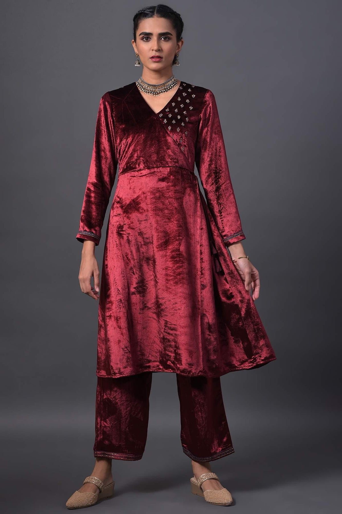 Red Mock Angrakha Embroidered kurta With Straight Pants - XS