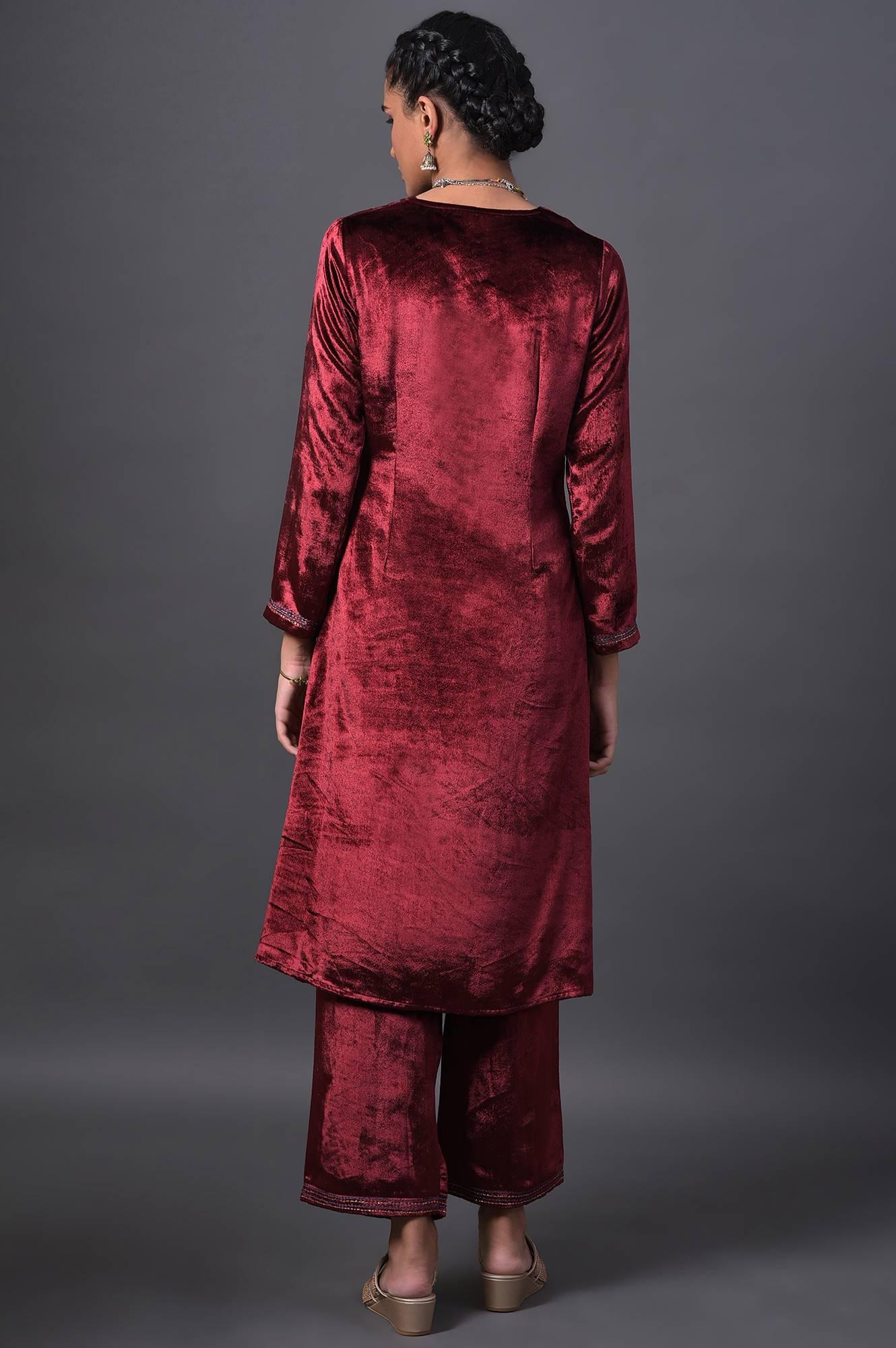 Red Mock Angrakha Embroidered kurta With Straight Pants - wforwoman