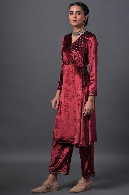 Red Mock Angrakha Embroidered kurta With Straight Pants - wforwoman