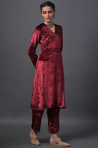 Red Mock Angrakha Embroidered kurta With Straight Pants - wforwoman
