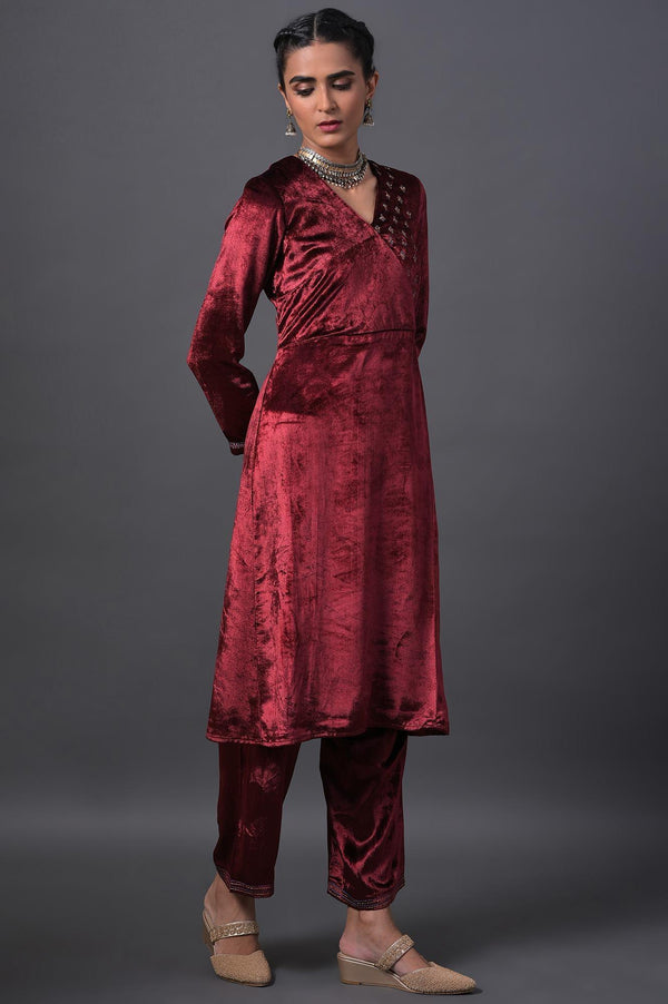 Red Mock Angrakha Embroidered kurta With Straight Pants