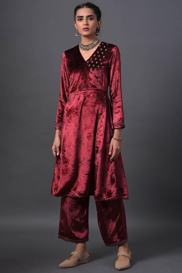 Red Mock Angrakha Embroidered kurta With Straight Pants