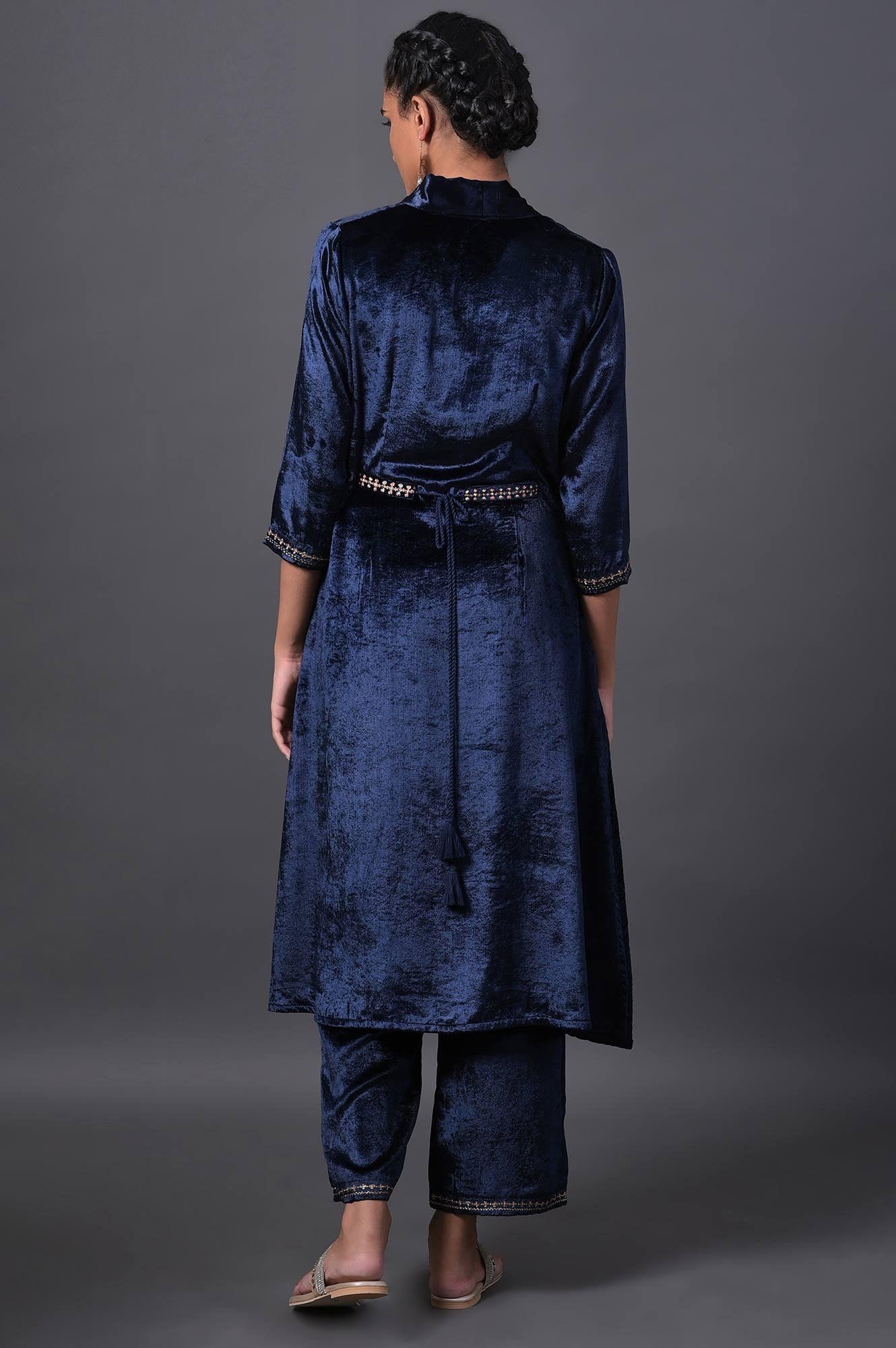 Navy Blue Velvet kurta With Embroidered Belt And Straight Pants - wforwoman