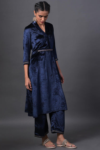 Navy Blue Velvet kurta With Embroidered Belt And Straight Pants - wforwoman