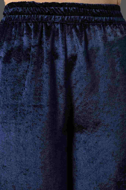 Navy Blue Velvet kurta With Embroidered Belt And Straight Pants - wforwoman