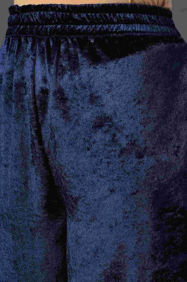 Navy Blue Velvet kurta With Embroidered Belt And Straight Pants