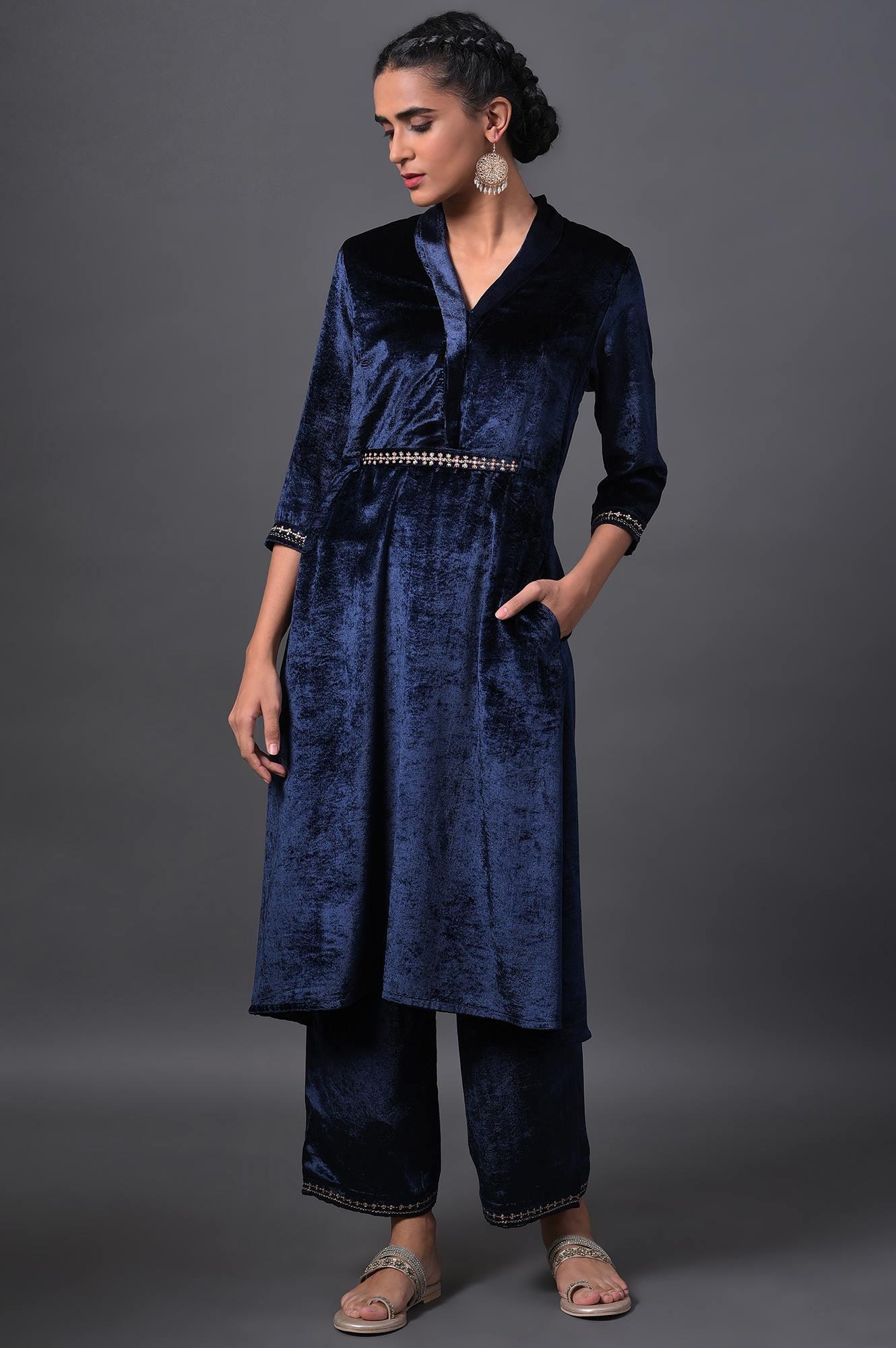 Navy Blue Velvet kurta With Embroidered Belt And Straight Pants - wforwoman