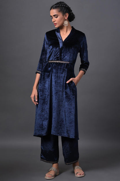 Navy Blue Velvet kurta With Embroidered Belt And Straight Pants - wforwoman