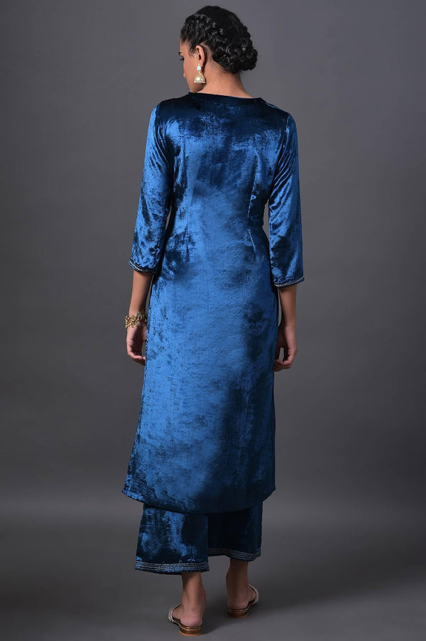 Teal Blue Embroidered Velvet kurta With Straight Pants