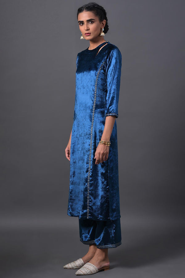 Teal Blue Embroidered Velvet kurta With Straight Pants