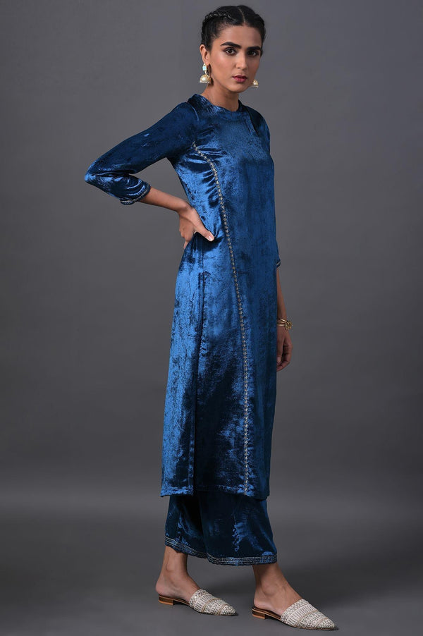 Teal Blue Embroidered Velvet kurta With Straight Pants