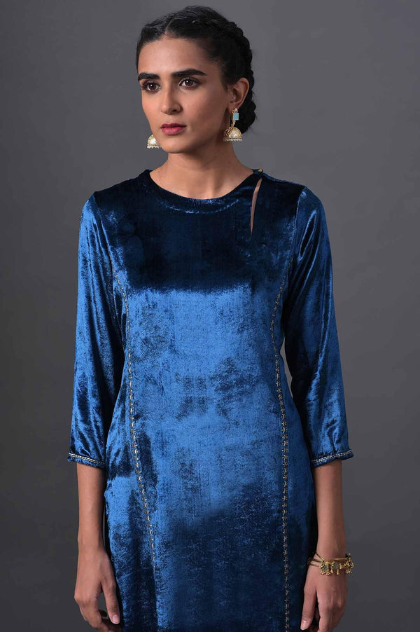 Teal Blue Embroidered Velvet kurta With Straight Pants