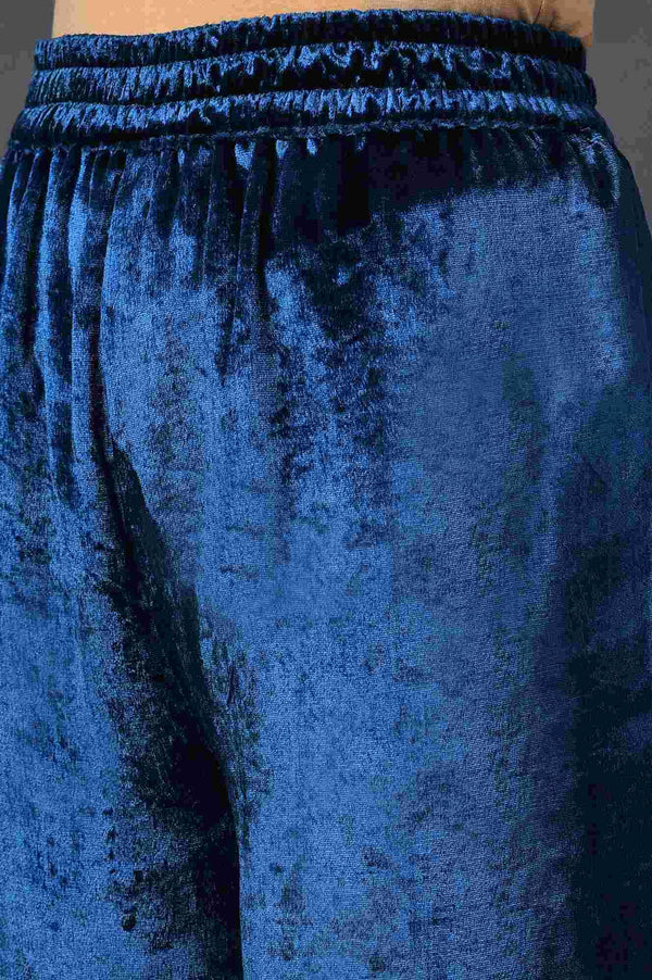 Teal Blue Embroidered Velvet kurta With Straight Pants