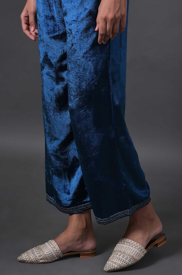 Teal Blue Embroidered Velvet kurta With Straight Pants