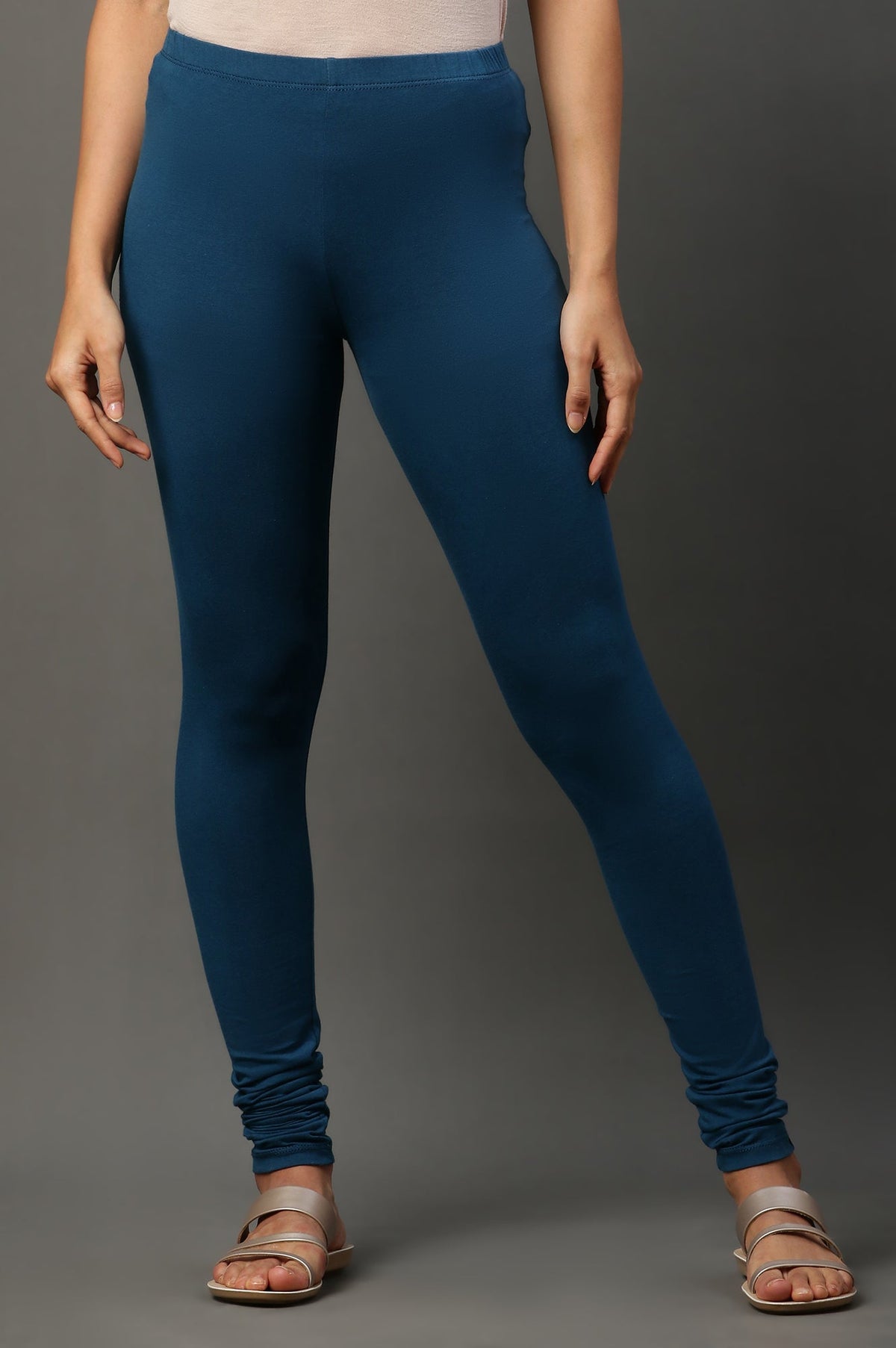 Elleven Women's Blue Solid Skinny Fit Cotton Tights With Elasticated Waistband - S