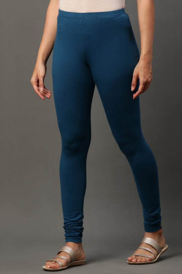 Blue Solid Skinny Fit Cotton Tights With Elasticated Waistband