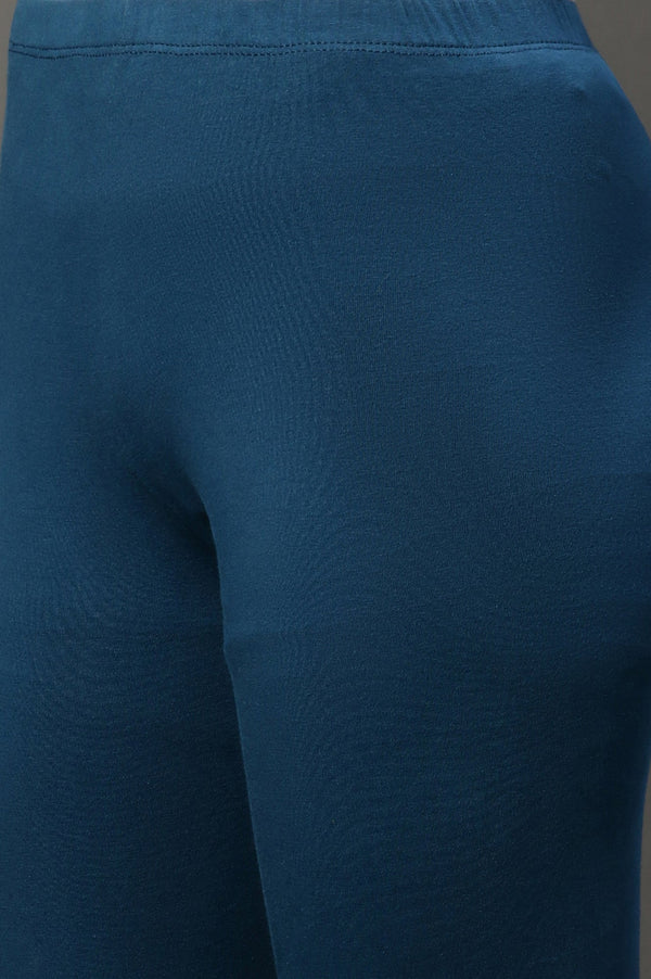Blue Solid Skinny Fit Cotton Tights With Elasticated Waistband