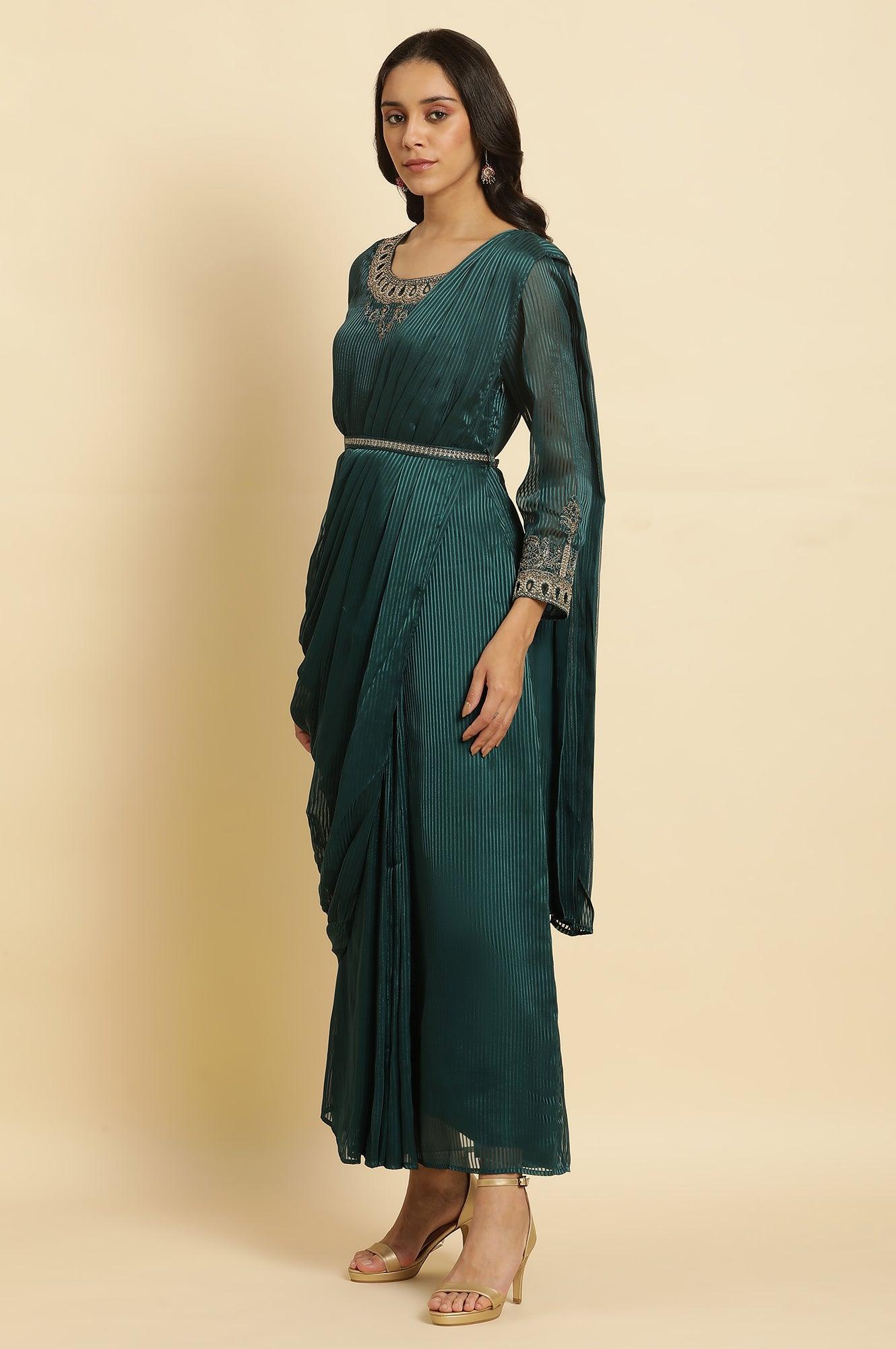 Buy Green Embelloshed Predrape Saree Dress Online for Woman | WforWoman Buy Green Embelloshed Predrape Saree Dress Online for Woman | WforWoman