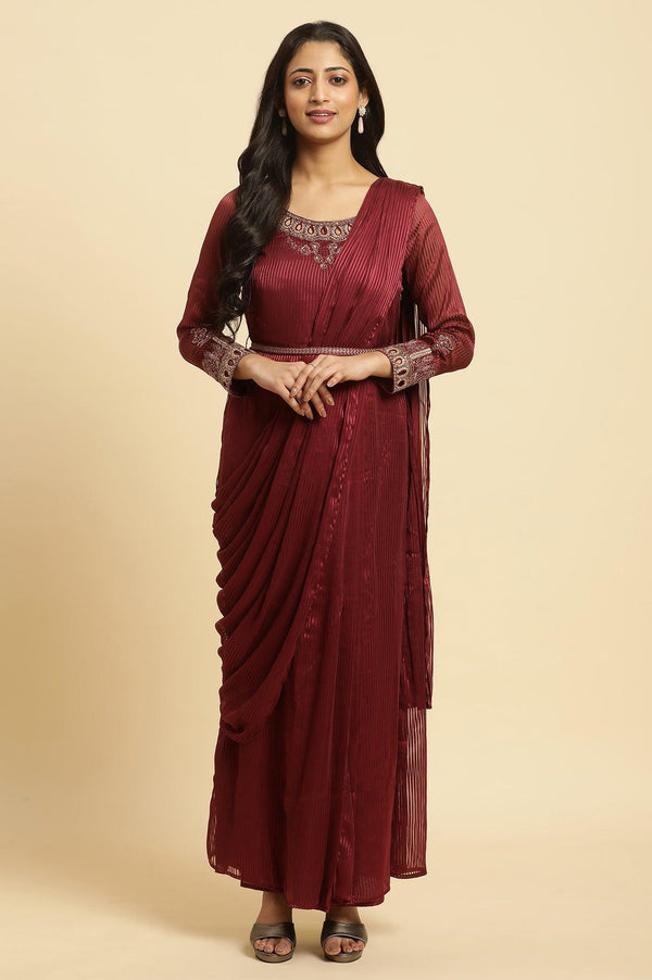 Maroon Jewelled Neck Pre-Draped Festive Saree Dress