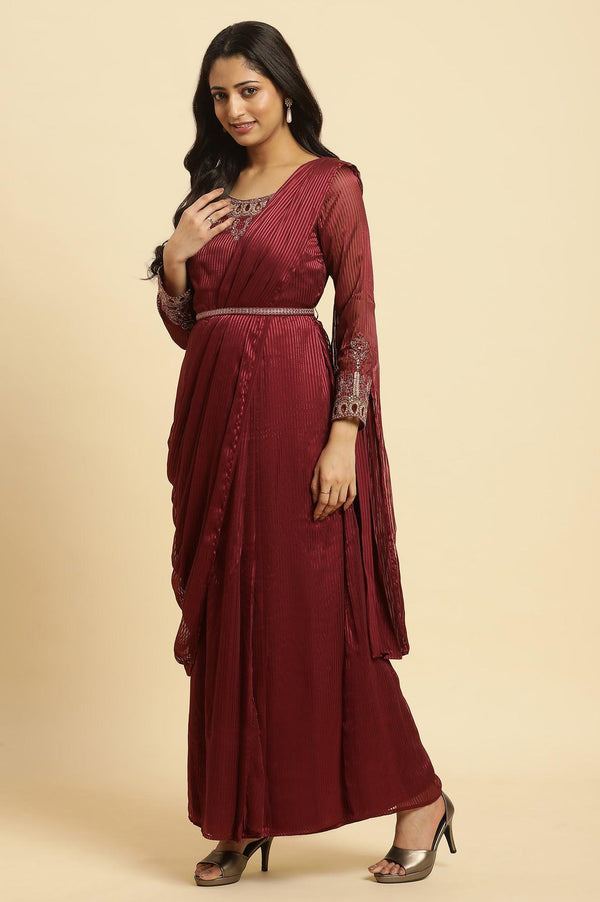 Maroon Jewelled Neck Pre-Draped Festive Saree Dress