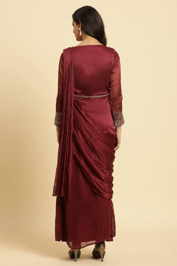 Maroon Jewelled Neck Pre-Draped Festive Saree Dress