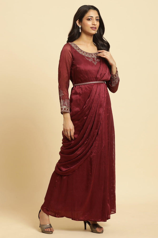Maroon Jewelled Neck Pre-Draped Festive Saree Dress
