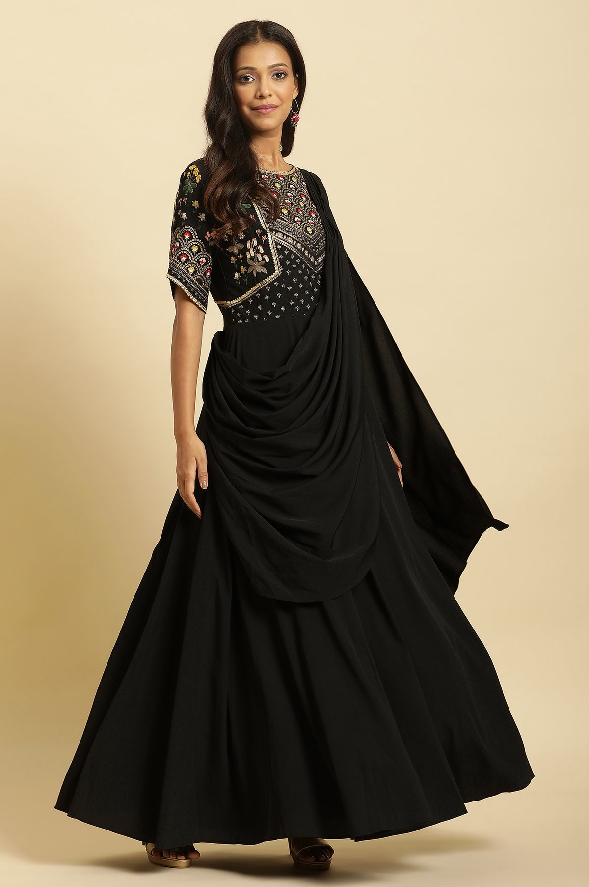 Black Predrape Saree Dress With Multi-Coloured Embroidery - S