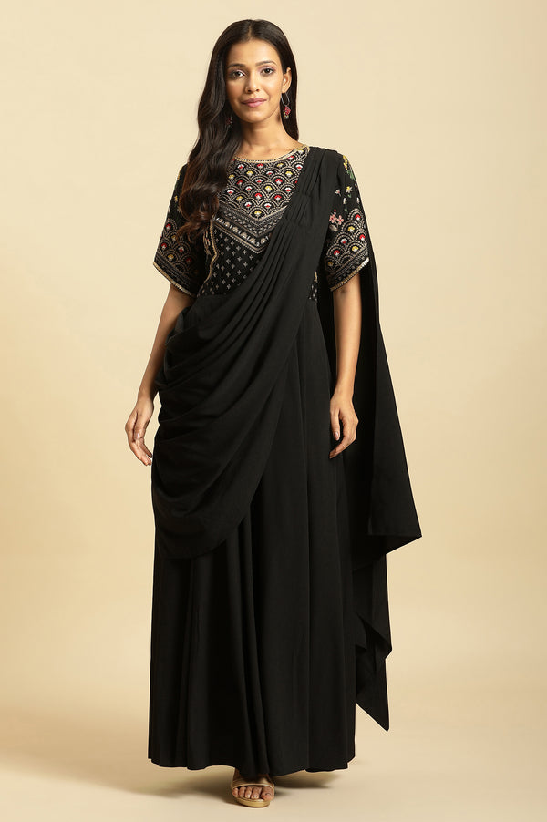 Black Predrape Saree Dress With Multi-Coloured Embroidery