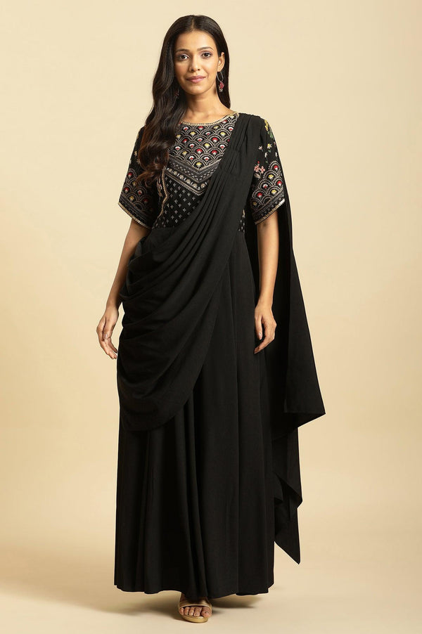 Black Predrape Saree Dress With Multi-Coloured Embroidery