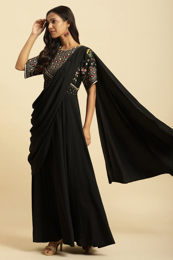 Black Predrape Saree Dress With Multi-Coloured Embroidery