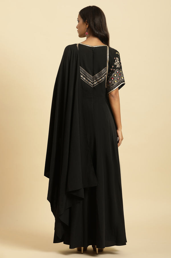 Black Predrape Saree Dress With Multi-Coloured Embroidery