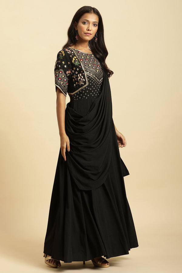Black Predrape Saree Dress With Multi-Coloured Embroidery