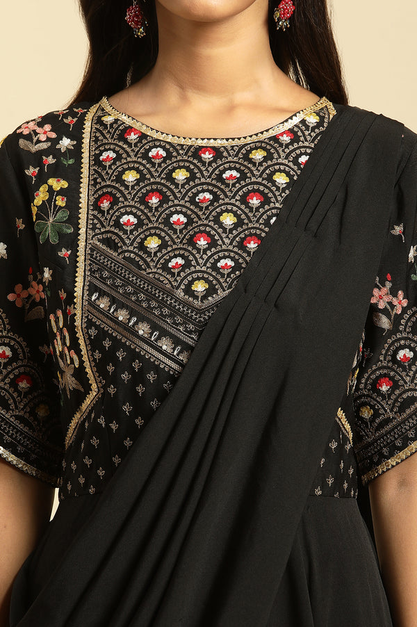 Black Predrape Saree Dress With Multi-Coloured Embroidery