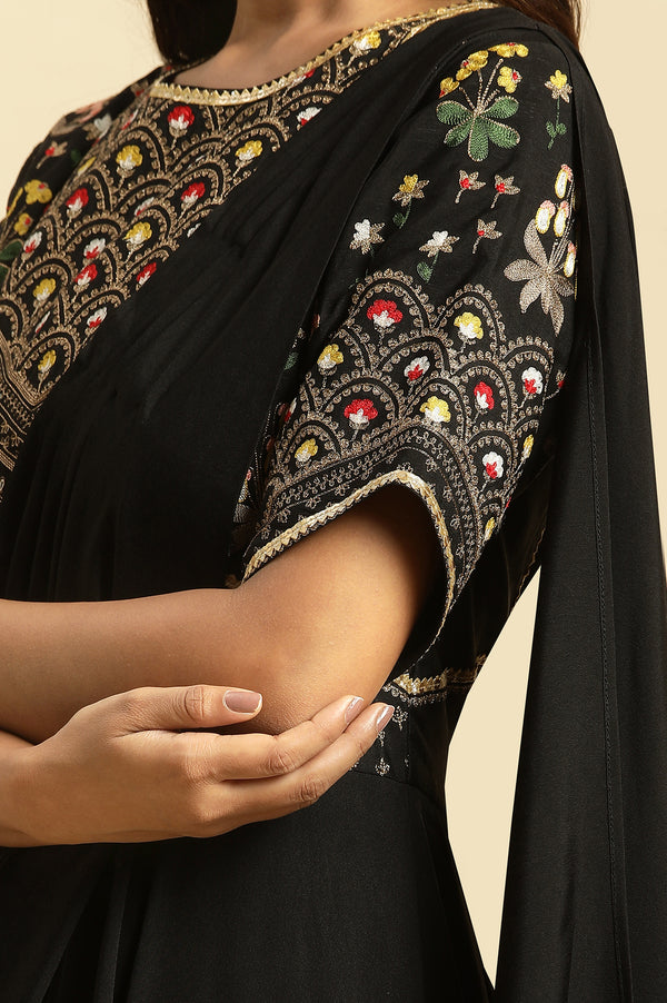 Black Predrape Saree Dress With Multi-Coloured Embroidery