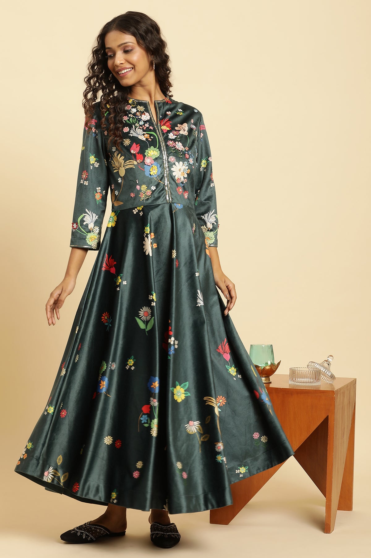 Green Micro Valvet Embellished Dress - XS