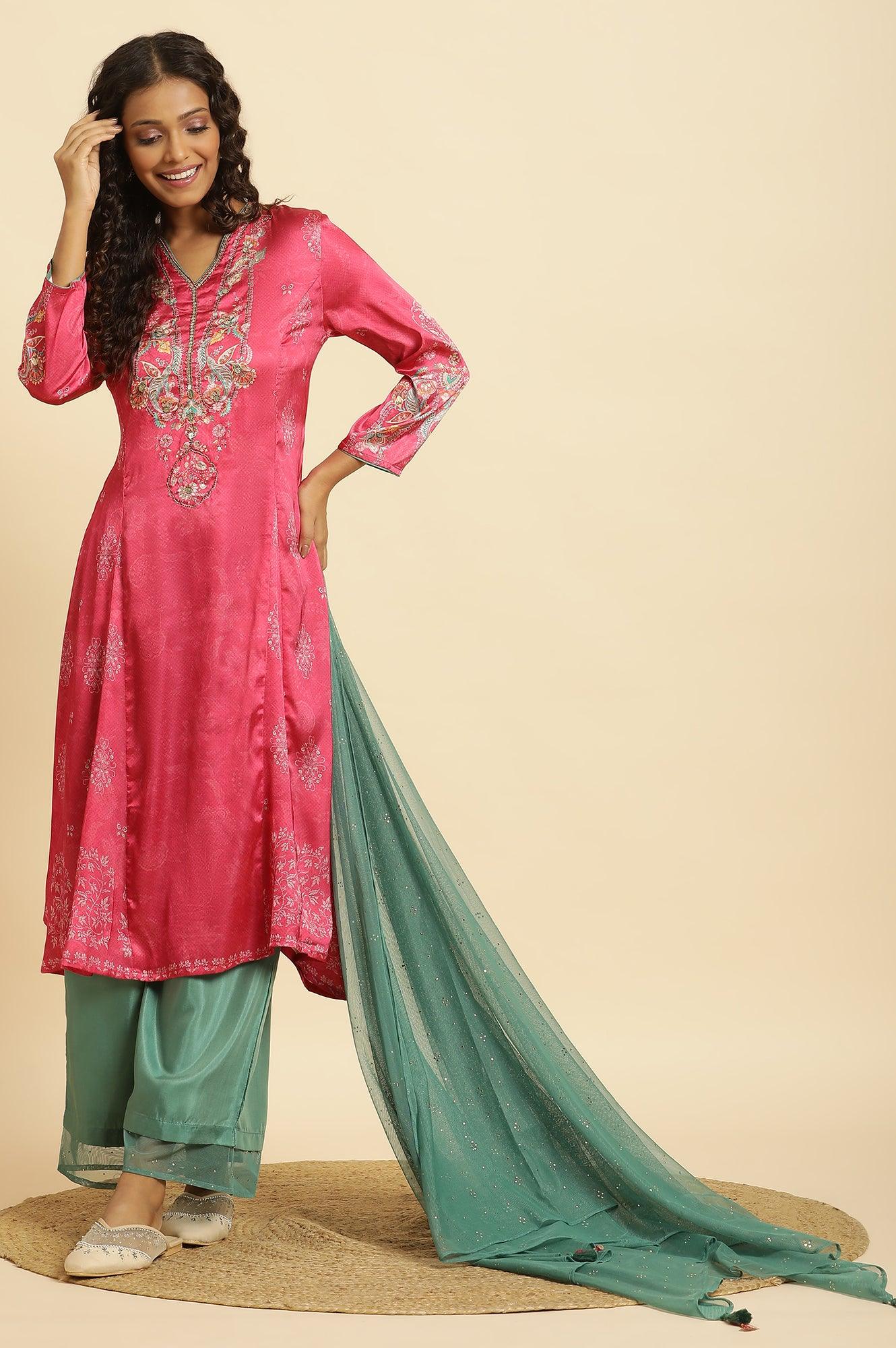 Pink Digital Printed Kurta, Pants And Dupatta Set - wforwoman