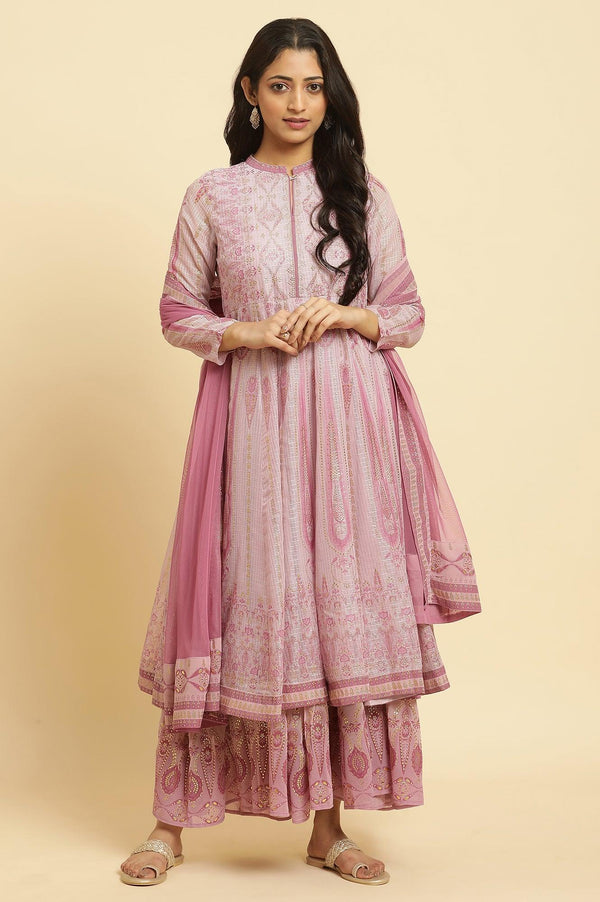 Soft Pink Panelled Layered Gown And Dupatta Set