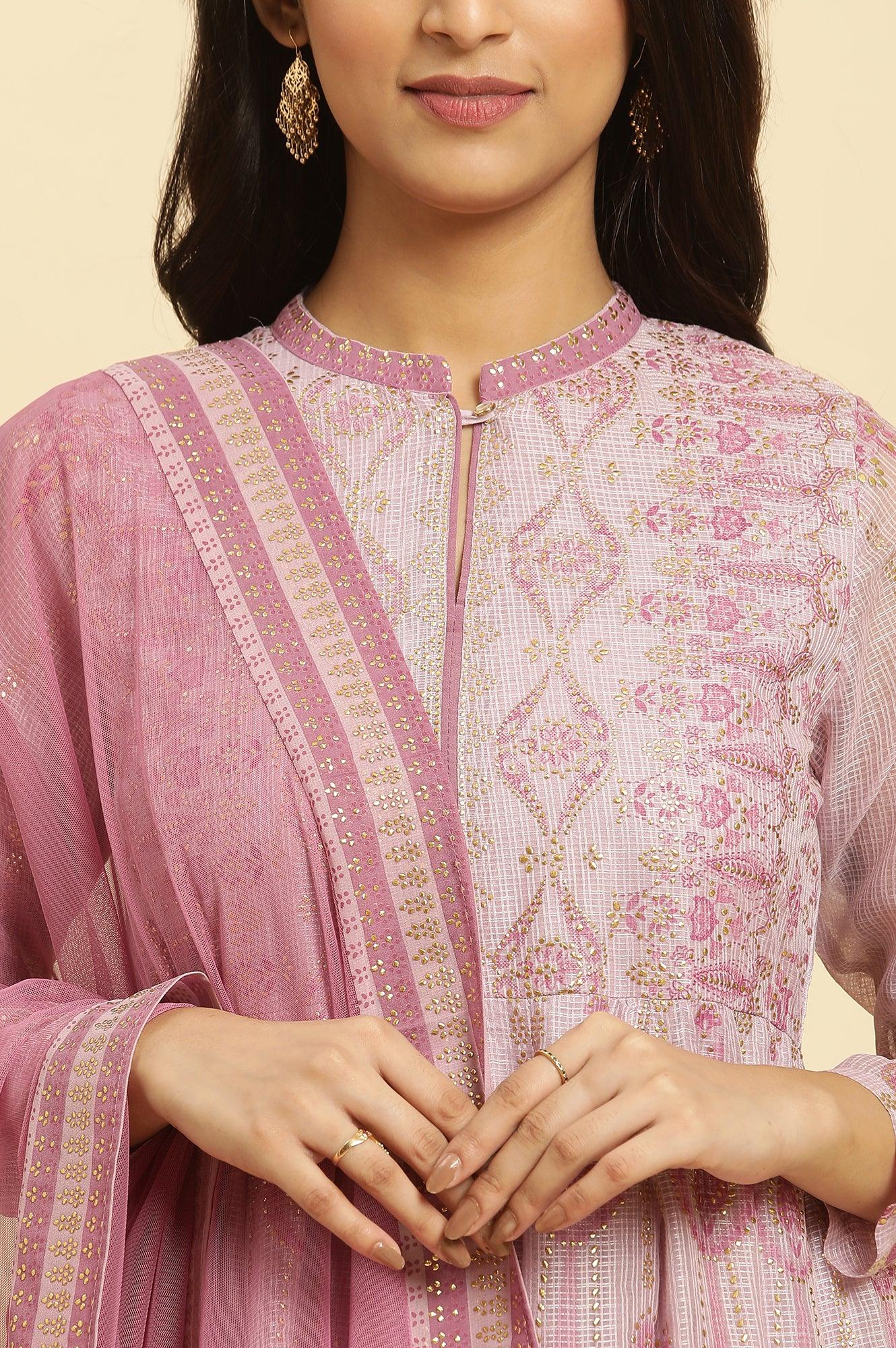 Soft Pink Panelled Layered Gown And Dupatta Set - wforwoman