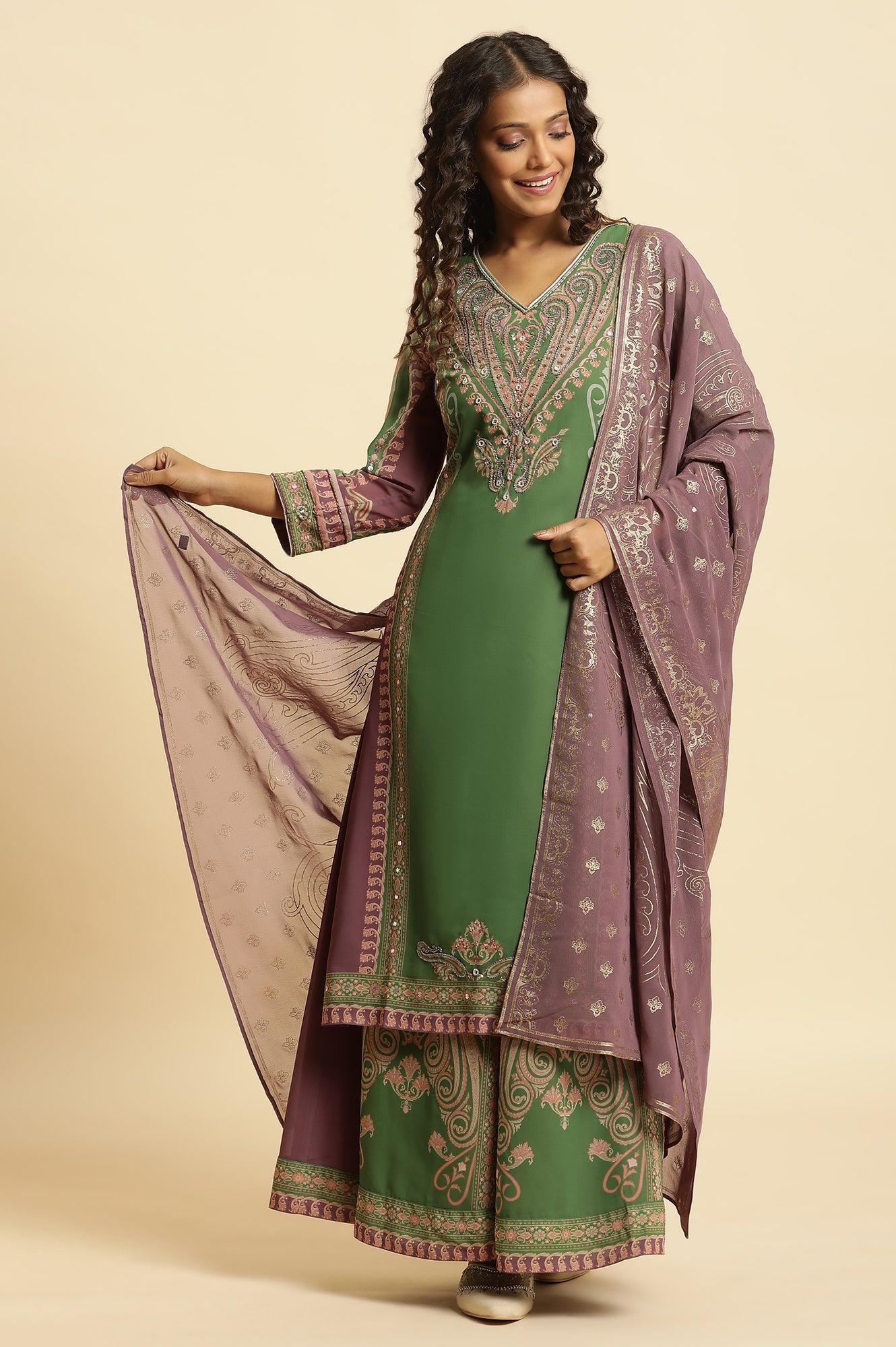Green Placement Printed Georgette Kurta, Pants And Dupatta Set - wforwoman