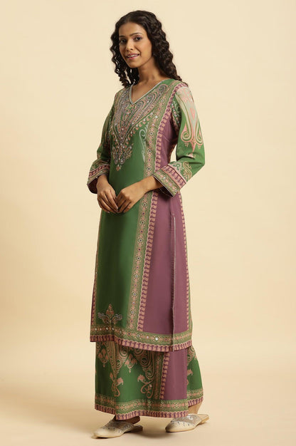 Green Placement Printed Georgette Kurta, Pants And Dupatta Set - wforwoman