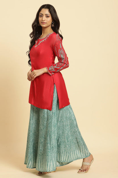 Red Embellished Short Kurta, Sharara And Dupatta Festive Set - wforwoman
