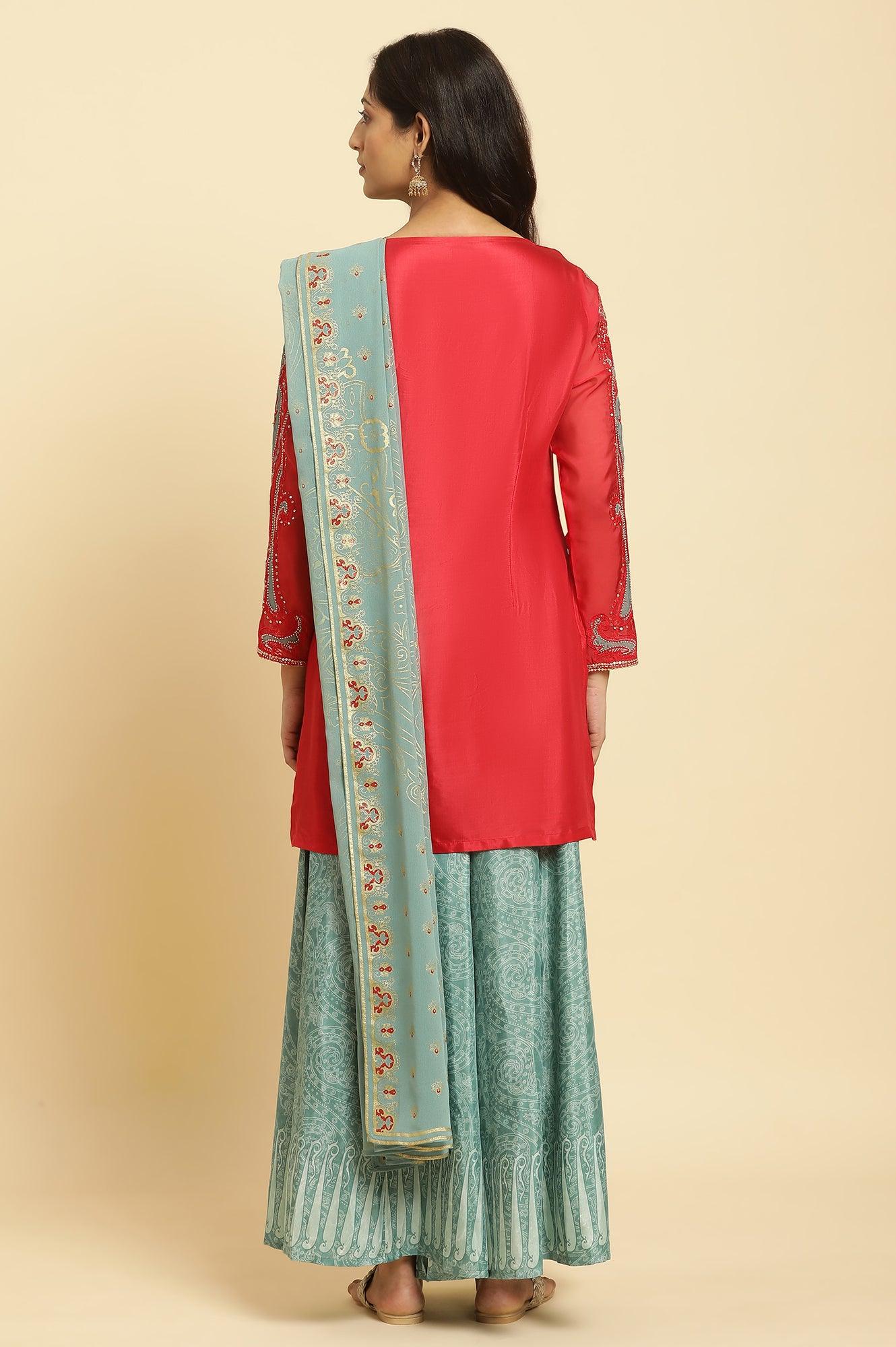 Red Embellished Short Kurta, Sharara And Dupatta Festive Set - wforwoman